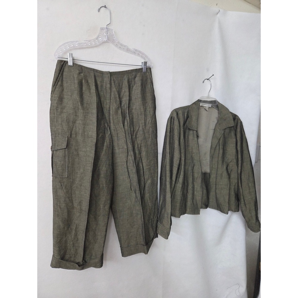 Pursuits Ltd Linen Blend 2 Piece Pant Suit Set Olive Green Womens 12/14 Jacket